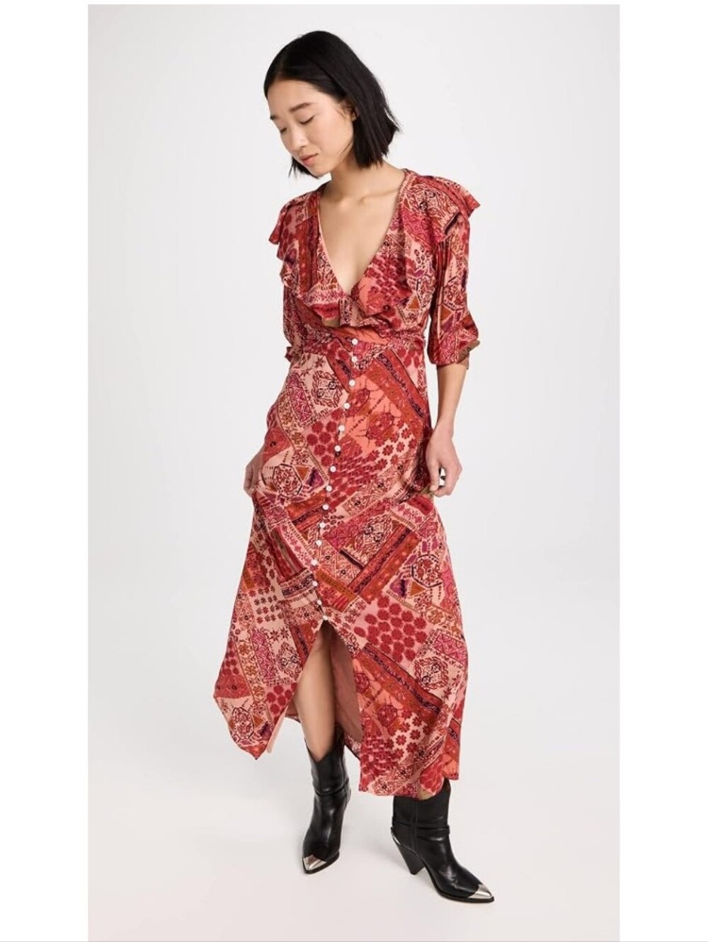 Free People V-Neck Red Patchwork Midi Dress with Ruffle Details